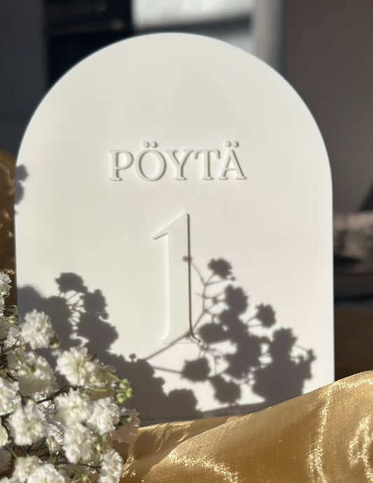 Jalallinen pöytänumero, jossa teksti kauniiseen hääkattaukseen.